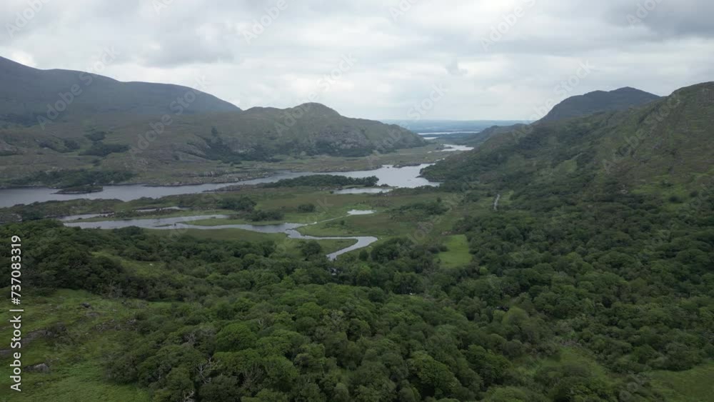Ladies view in ireland showcasing lush greenery and snaking river, aerial view Ladies view in ireland showcasing lush greenery and snaking river, aerial view