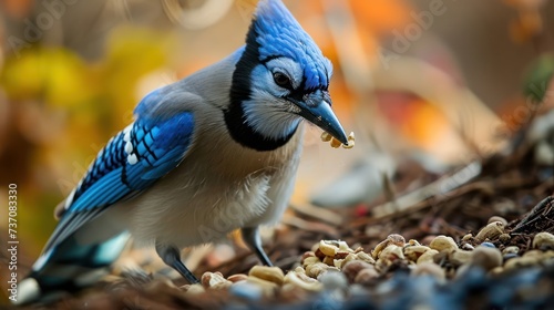 Blue Jay bird enjoying a nut feast in a backyard setting, showcasing its vibrant blue plumage and intricate feeding behavior