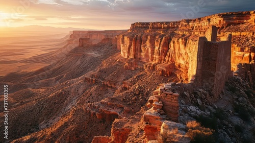 canyon landscape at sunset, depicting ancient cliffs, sprawling landscapes, and the warm glow of dusk
