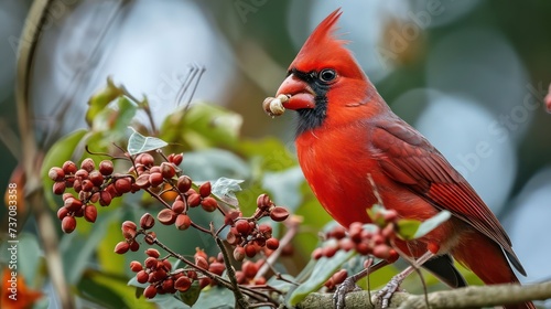 Cardinal bird relishing a nut feast, perched on a branch featuring its striking red plumage and elegant feeding gestures © Tina