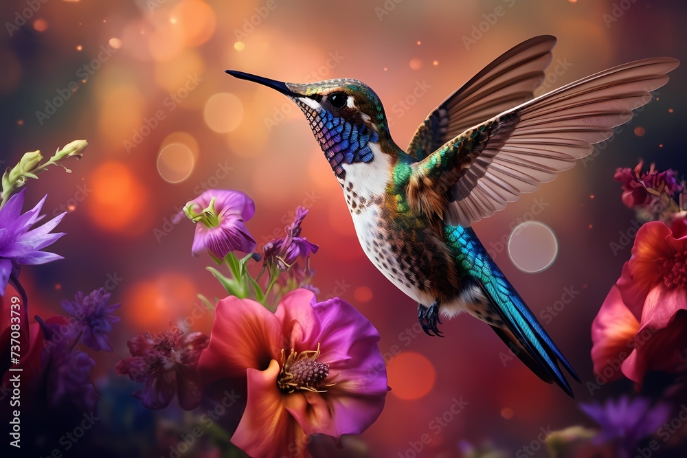 The delicate wings of a hovering hummingbird, frozen in mid-flight, as it sips nectar from the heart of a vibrant cluster of wildflowers. - obrazy, fototapety, plakaty 