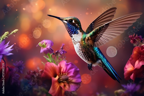 The delicate wings of a hovering hummingbird, frozen in mid-flight, as it sips nectar from the heart of a vibrant cluster of wildflowers. © Animals