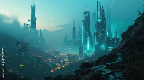 city skylines immersed in fog, complemented by futuristic cyan lights depicting a sci-fi inspired metropolis