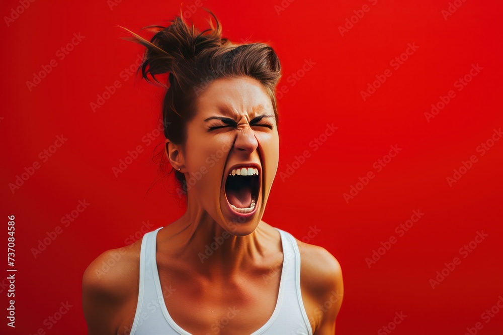 Portrait of angry young woman screaming, on red background