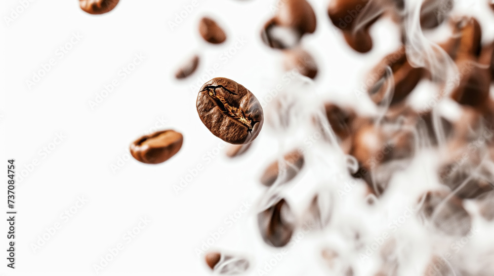 Obraz premium Roasted coffee beans floating on white background with white smoke. Coffee shop concept. Generative AI