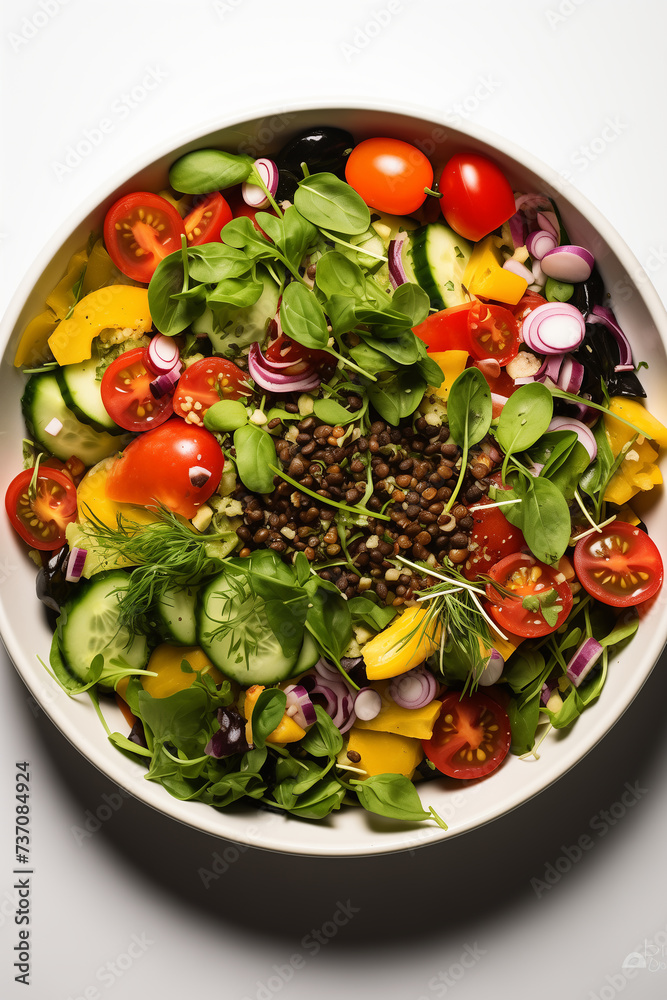 An overhead shot of a gourmet salad bowl, full of colorful vegetables and grains, set against a minimal white background An overhead shot of a gourmet salad bowl, full of colorful vegetables and grains, set against a minimal white background