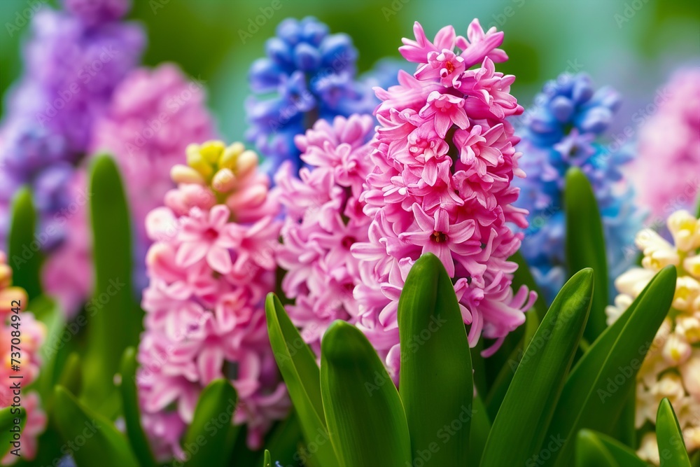 Fototapeta premium Large flower bed with multi-colored hyacinths, traditional easter flowers, flower background, easter spring background. Close up macro photo, selective focus. generative ai.