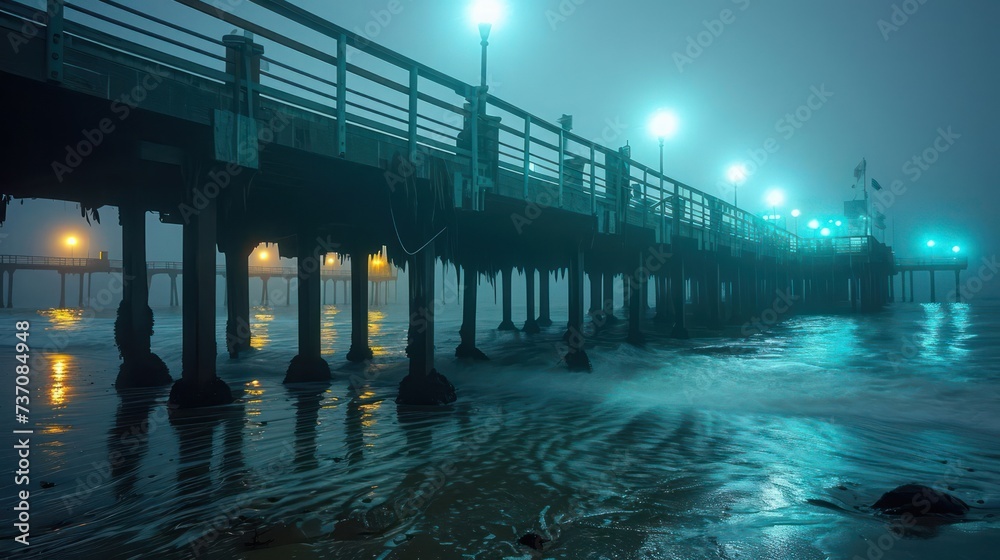 fog-covered piers accented by soothing teal lights, creating a serene and atmospheric seascape