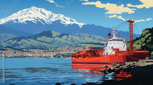 Ship against the backdrop of large mountains