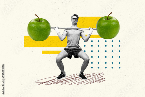 Creative poster collage of funny young man nerd try hard lift barbell apples tasty food healthy lifestyle weird freak bizarre unusual