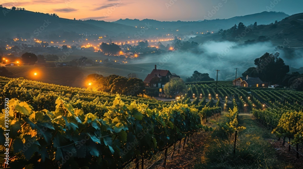 Naklejka premium fog-laden vineyards under warm amber lights creating an idyllic and picturesque rural landscape
