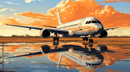 Passenger plane with reflection on wet asphalt