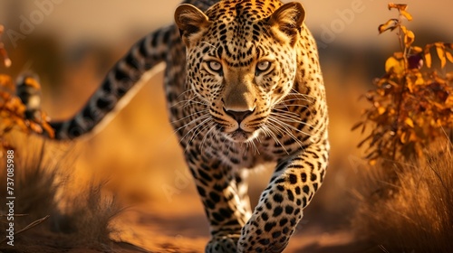 A leopard runs along the road.  © Micro