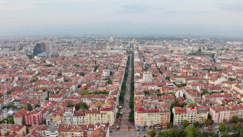 Rooftops, skyline of Sofia, Bulgaria on a cloudy day, aerial orbit old town Rooftops, skyline of Sofia, Bulgaria on a cloudy day, aerial orbit old town
