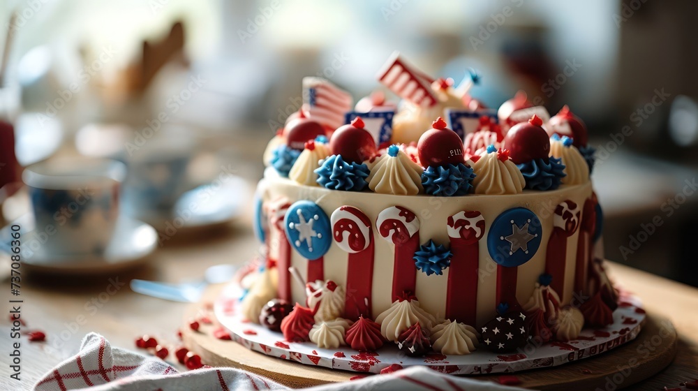 Labor Day-themed cake featuring patriotic decorations, work-related motifs, and a celebration of hard work, set against a proud backdrop