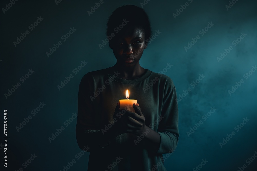 A black woman holding a single burning candle A black woman holding a single burning candle