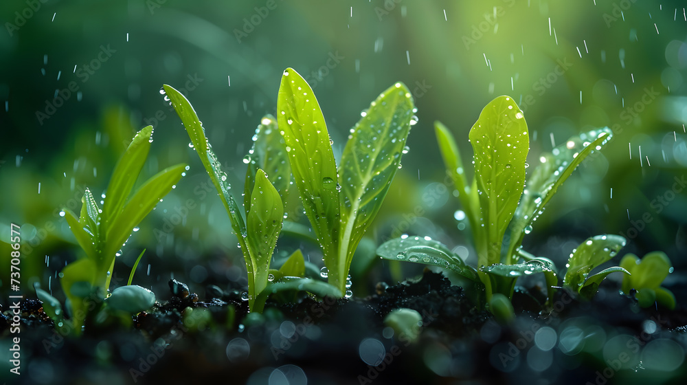 A macro shot of vibrant green sprouts emerging from the earth after a rainfall, capturing the essence of regeneration and rebirth in nature. A macro shot of vibrant green sprouts emerging from the earth after a rainfall, capturing the essence of regeneration and rebirth in nature.