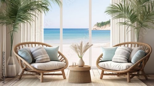 serene beach backdrop with generous copy space, basking in the cool and refreshing light of early morning, evoking a peaceful and rejuvenating ambiance © Tina