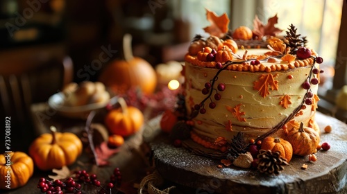 Thanksgiving-themed cake, adorned with autumnal colors, harvest motifs, and rustic details, set against a warm and cozy scene