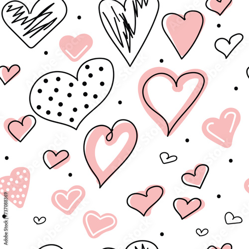 Hand drawn hearts seamless pattern. Continuous line drawing of a heart, black and white vector minimalist love concept illustration.