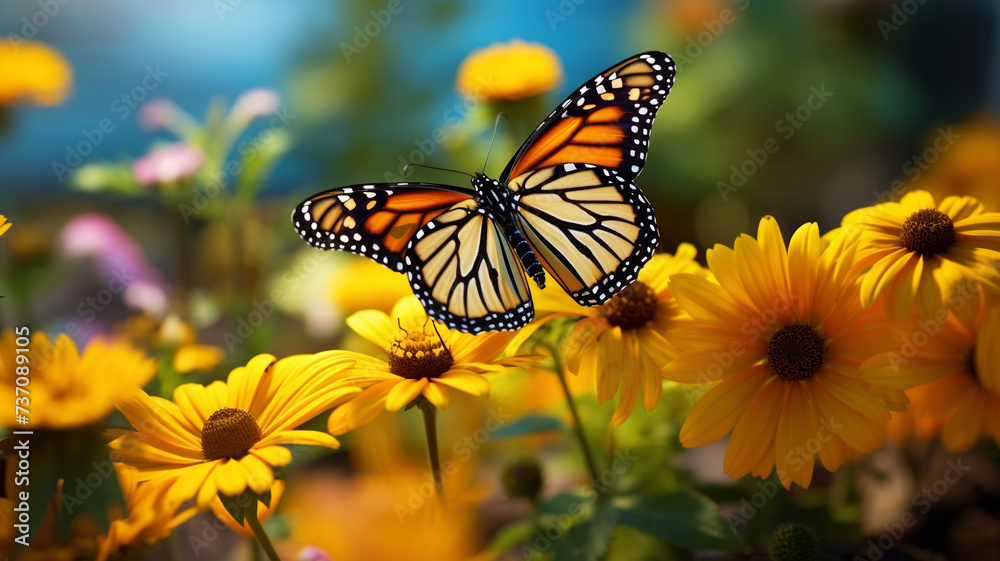 Monarch orange butterfly and bright summer flowers on a background at sunrise Monarch orange butterfly and bright summer flowers on a background at sunrise