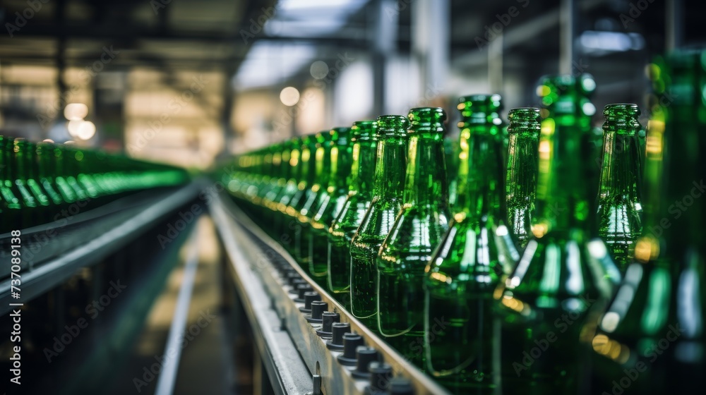 green glass bottles on the production line