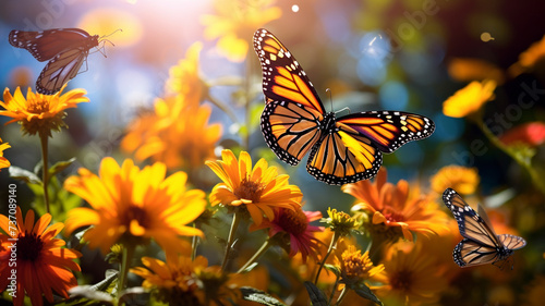 Monarch orange butterfly and bright summer flowers on a background at sunrise