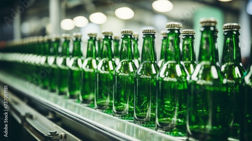 green glass bottles on the production line