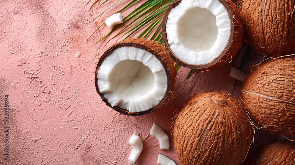 Assorted coconuts, on a pink background Assorted coconuts, on a pink background