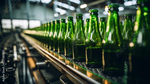green glass bottles on the production line