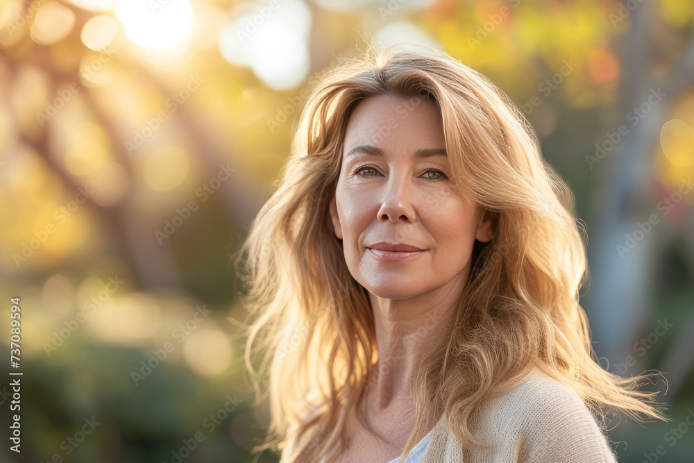 Obraz premium Headshot of beautiful mature Caucasian woman with blurred nature background in soft morning sunlight. Old age skin care concept