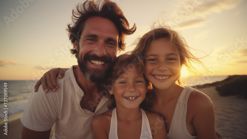 happy family laughing and looking at camera with sea view background