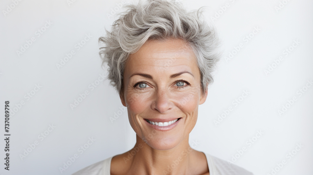 portrait of happy middle aged woman looks at camera on white background