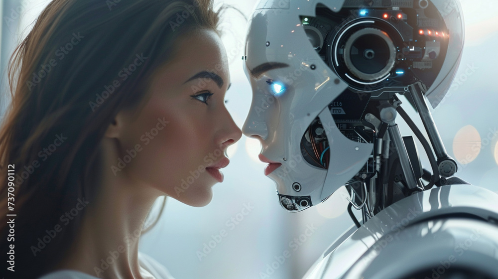 A Woman opposite AI. The concept of confrontation between humanity and artificial intelligence. Generative ai A Woman opposite AI. The concept of confrontation between humanity and artificial intelligence. Generative ai