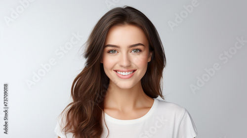 portrait of young happy woman looks at camera on white background