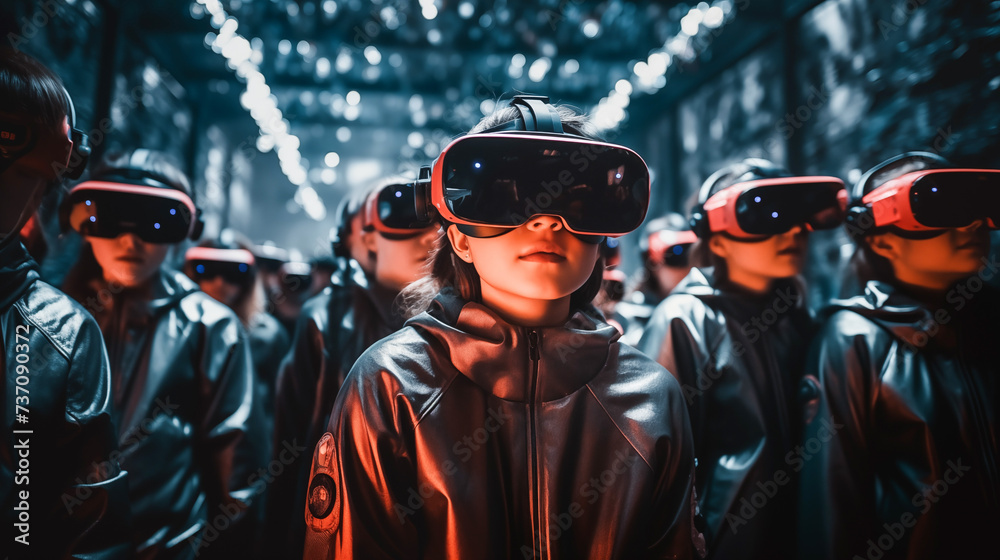 Group of school kids in futuristic attire wearing VR glasses, interacting with a network while immersed in a hyper-realistic virtual reality experience. Futuristic technology concept