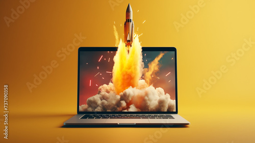 Rocket coming out of laptop screen photo