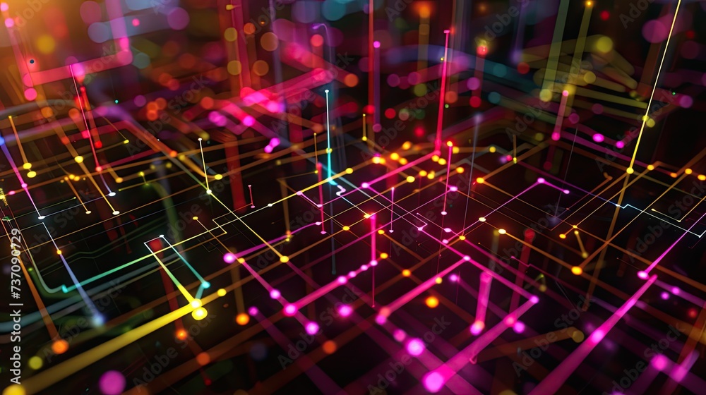 Obraz premium a dark illustration of a technical system with colorful lines connecting different flow states