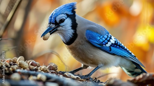 the elegance of a Blue Jay enjoying a nut feast in a backyard setting, showcasing its vibrant blue plumage and intricate feeding behavior