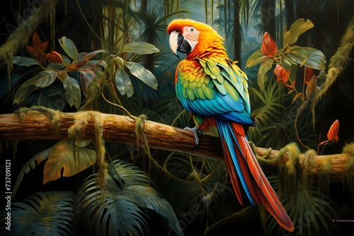 The vibrant plumage of a tropical parrot, captured in exquisite detail, as it perches on a branch against a backdrop of lush, green foliage.