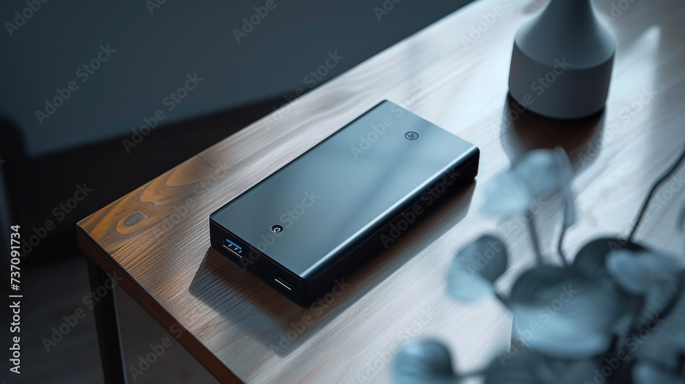 Portable power bank with fast charging technology and compact design. 