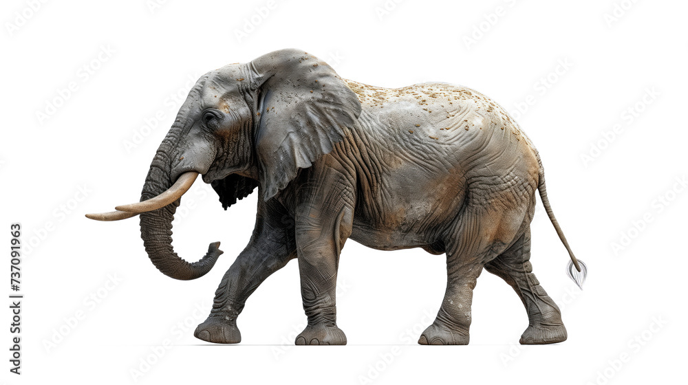 Side view of an adult African elephant isolated on white background, full body shot.