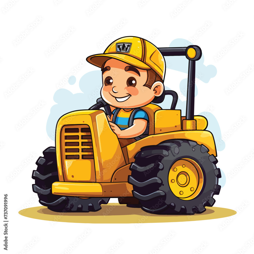 Bulldozer with driver construction worker. Vector.