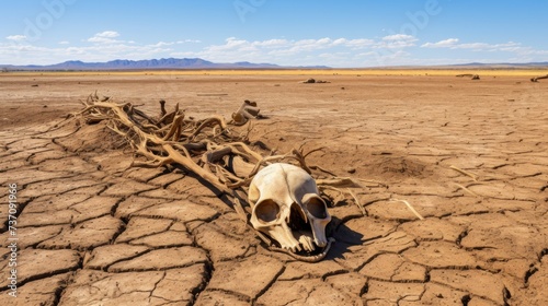 Cracked scorched earth soil drought desert landscape with animal carcasses rotting until the bones are visible