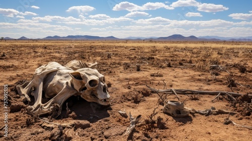 Cracked scorched earth soil drought desert landscape with animal carcasses rotting until the bones are visible photo