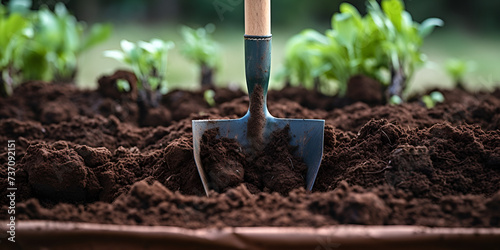 Gardening tools with heap of soil outdoors Garden shovel in the ground against the background of green foliage Cultivated land close-up. Agricultural work on the plantation.