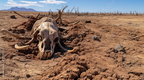Cracked scorched earth soil drought desert landscape with animal carcasses rotting until the bones are visible