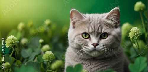 Wallpaper Mural Cute British shorthair cat wearing St. Patrick's Day cat looking at the camera in clover field with copy space, St Patrick Day cards, celebration background Torontodigital.ca