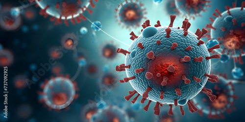 Fotobehang I illustration of blue and red dangerous round shaped viruses with bubbles against blurred background coronavirus  coved 19 close up, 3d render