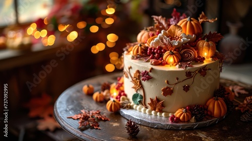 the gratitude of a Thanksgiving-themed cake adorned with autumnal colors, harvest motifs, and rustic details, set against a warm and cozy scene